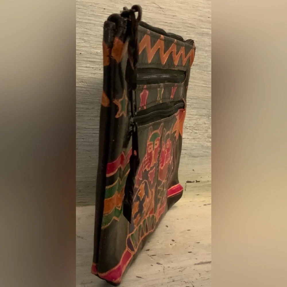 Vintage Genuine Leather‎ Colorful Embossed Cats Clutch Made in India Like New